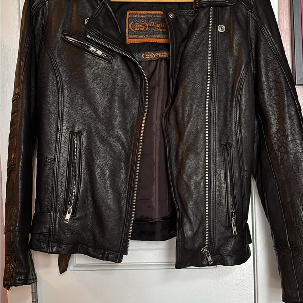Black Motorcycle Leather Jacket with Silver Hardware